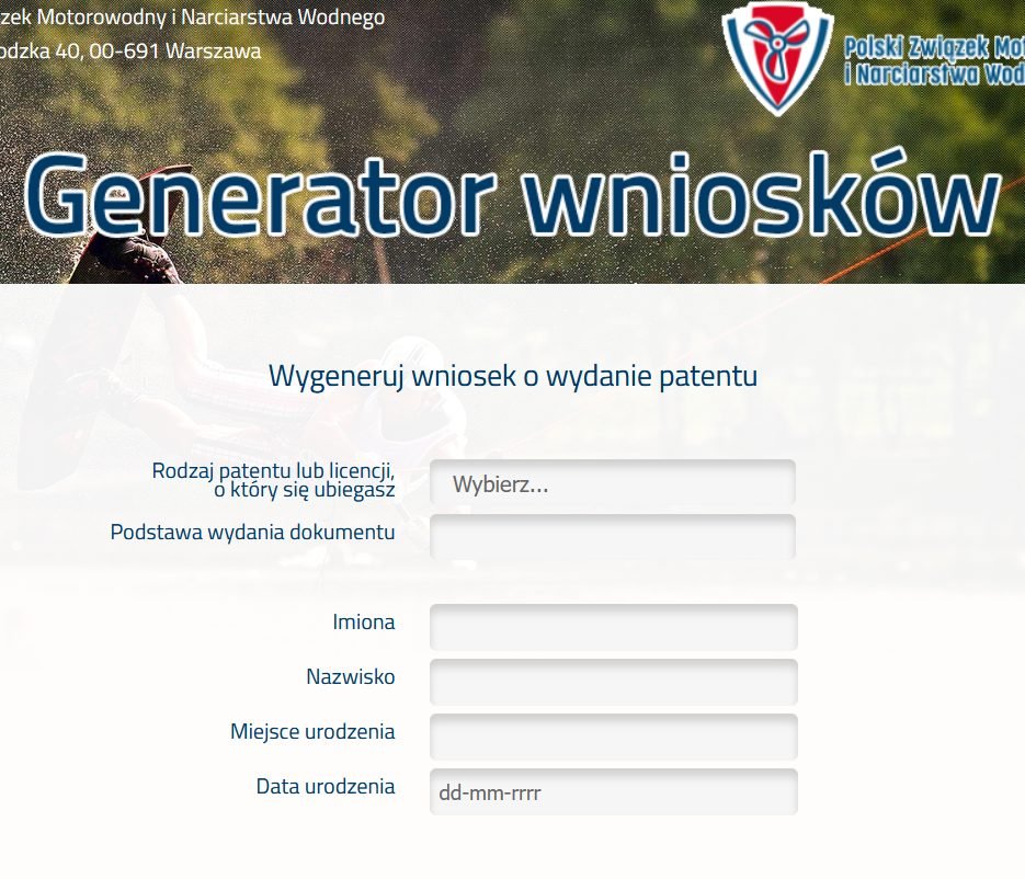 Generator wniosków PZMWiNW — wybór rodzaju patentu i podstawy wydania